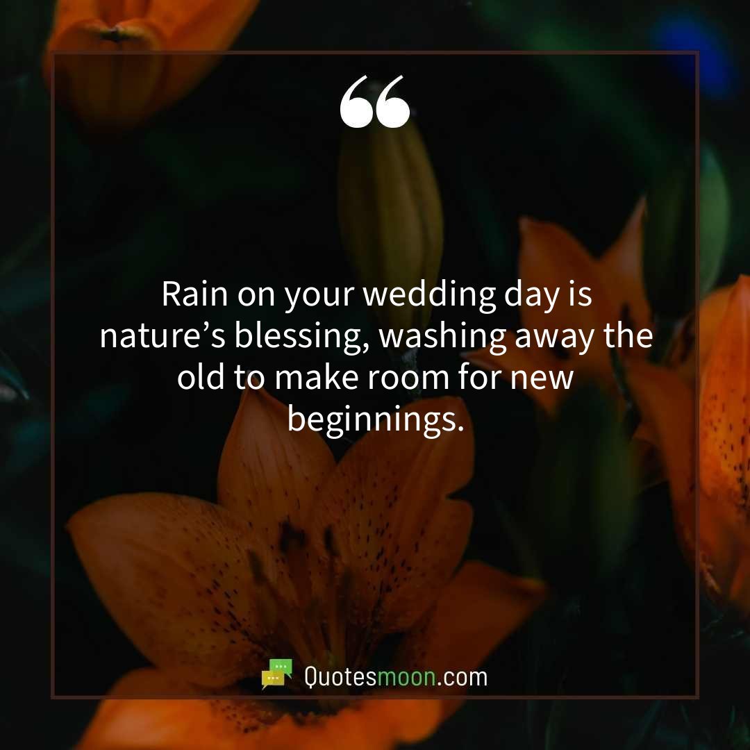 Rain on your wedding day is nature’s blessing, washing away the old to make room for new beginnings.